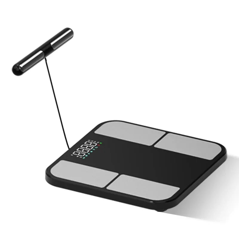 Black electronic weighing scale with tempered glass platform and colour display showing body metrics