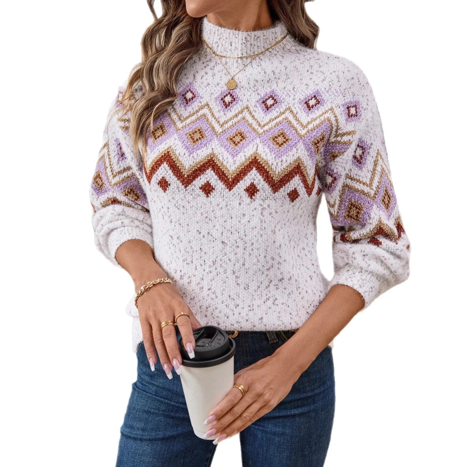 White geometric pattern half turtleneck sweater with jacquard detailing and long sleeves