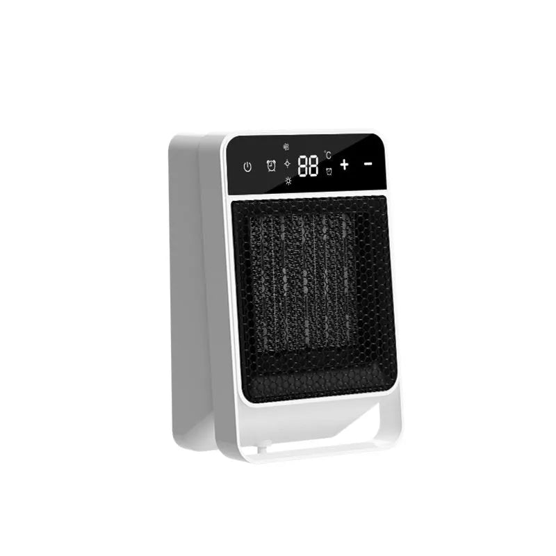 Black desktop electric heater with digital touch screen display and remote control on a wooden desk.