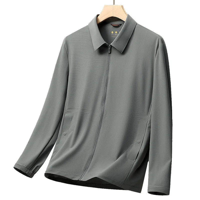 Navy blue summer business shirt with lapels made from ice silk sun protection fabric.