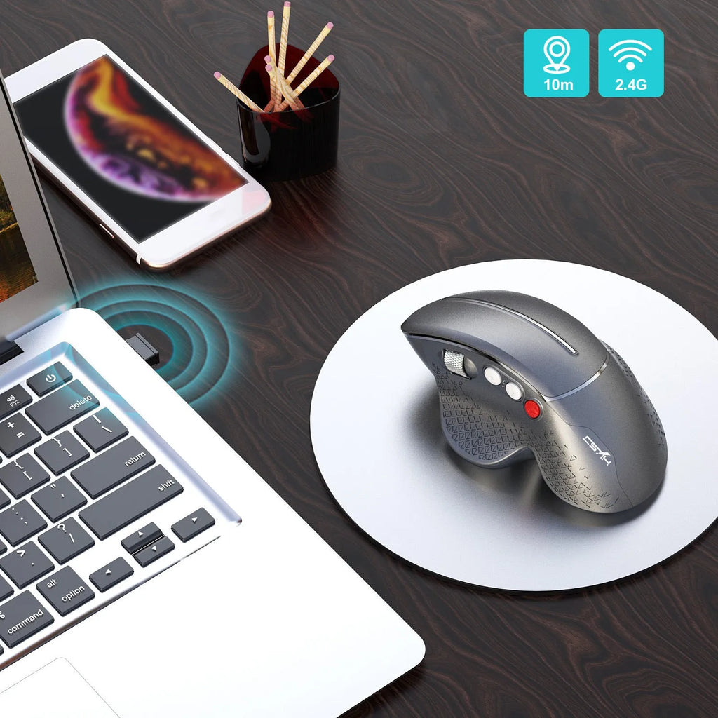 T32 Wireless Vertical Ergonomic Mouse in black or silver with aluminium side roller.