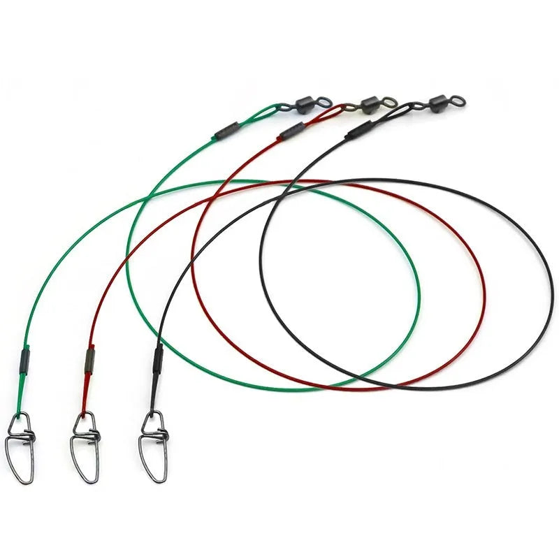 10 anti-bite steel wire fishing double buckle pins in green black red colours measuring 54cm long