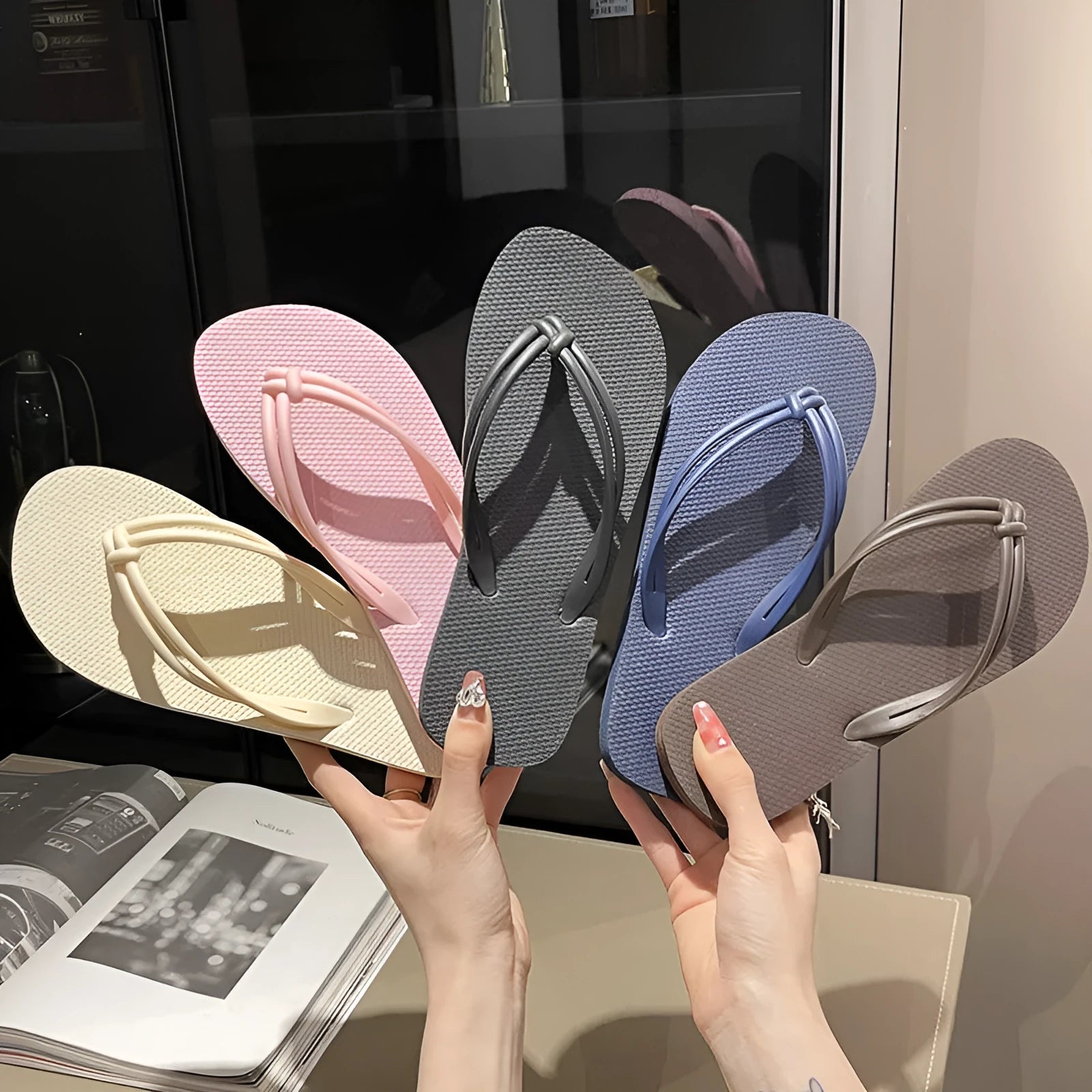 PVC casual flip flops for men with a toe-covering design and textured non-slip soles.
