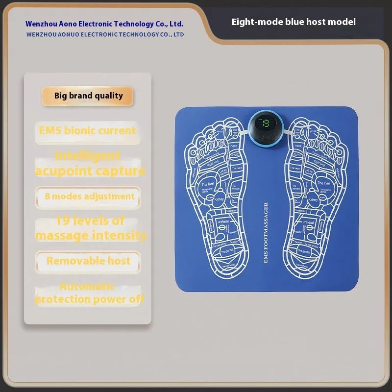 Blue rechargeable foot massager mat with remote control on wooden floor