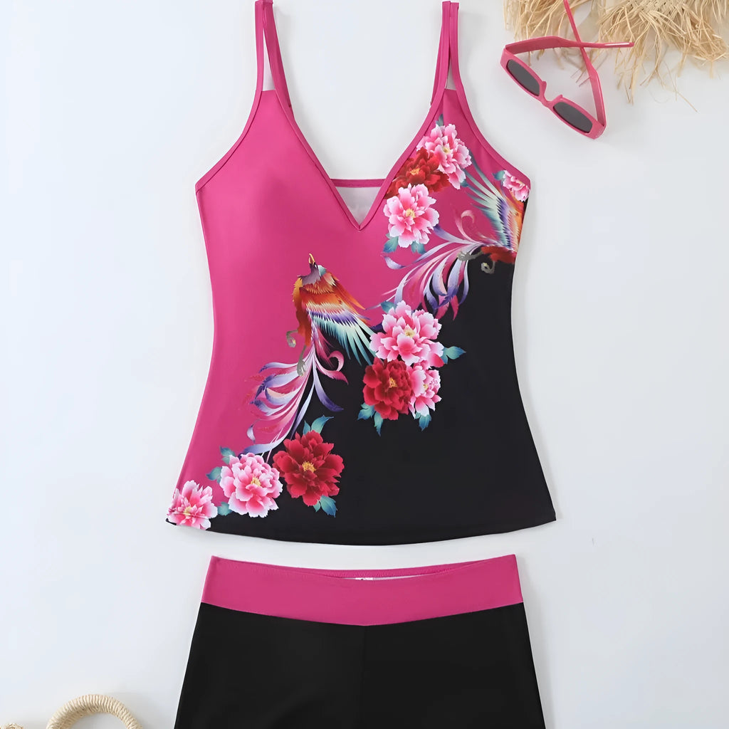 Plus size women's swimsuit set with cotton lining in black or rose red colours