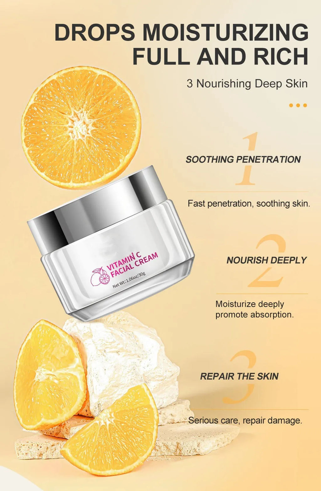 Vitamin C Face Cream in 6×6×5.2cm jar containing 30g brightening moisturiser