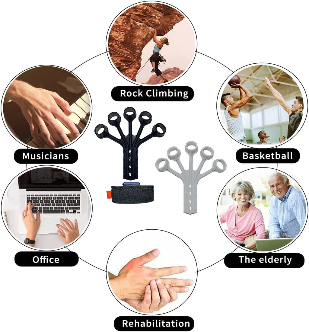 Black silicone finger flexion and extension trainer with adjustable belt for adult hand rehabilitation