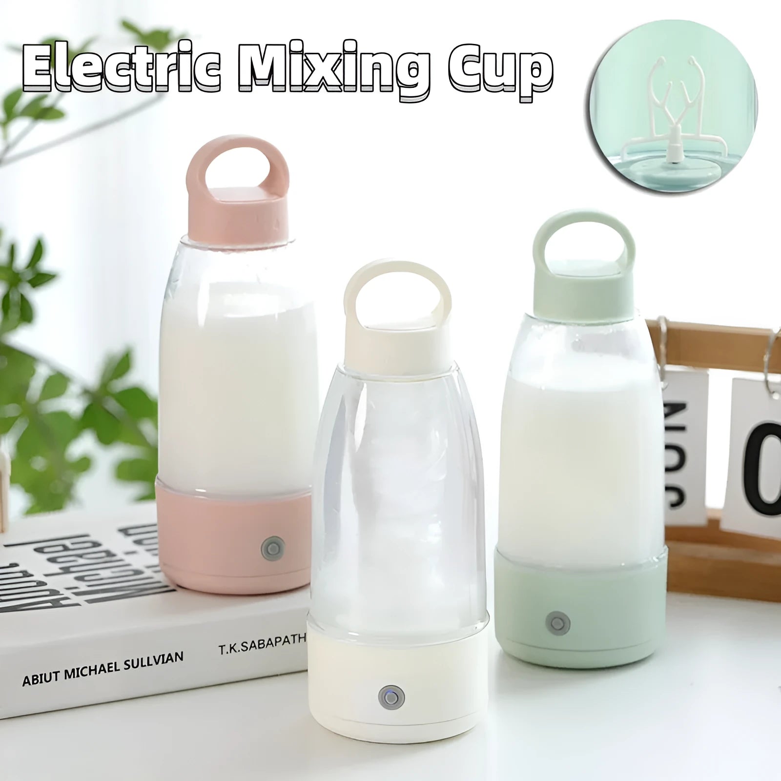 Automatic electric shaker bottle with handle, USB charging port, in green, pink, or white colour options.