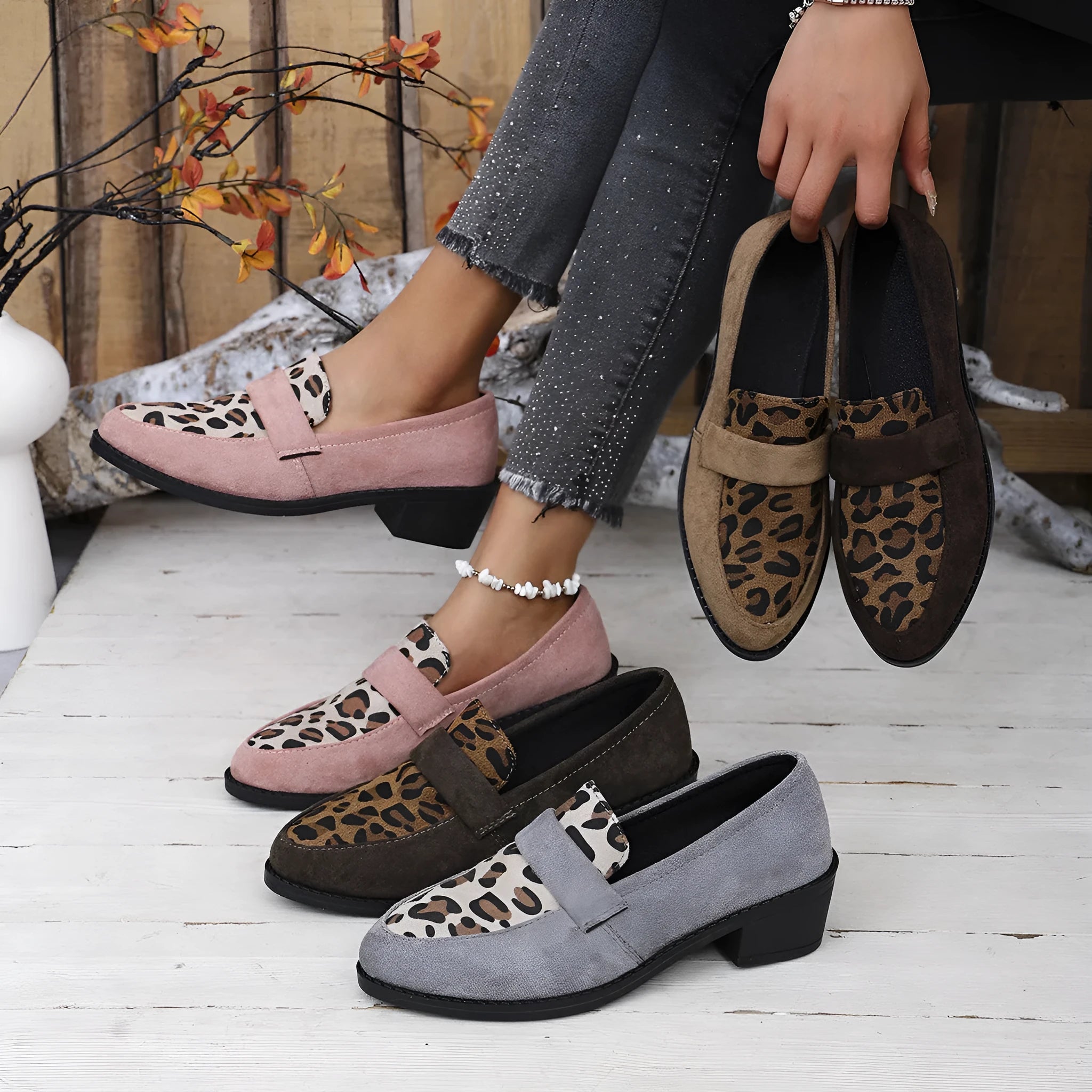 Leopard print slip-on suede pumps with chunky heels and pointed toes in brown, khaki and pink colours