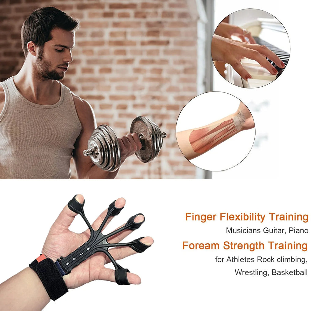 Black silicone finger flexion and extension trainer with adjustable belt for adult hand rehabilitation