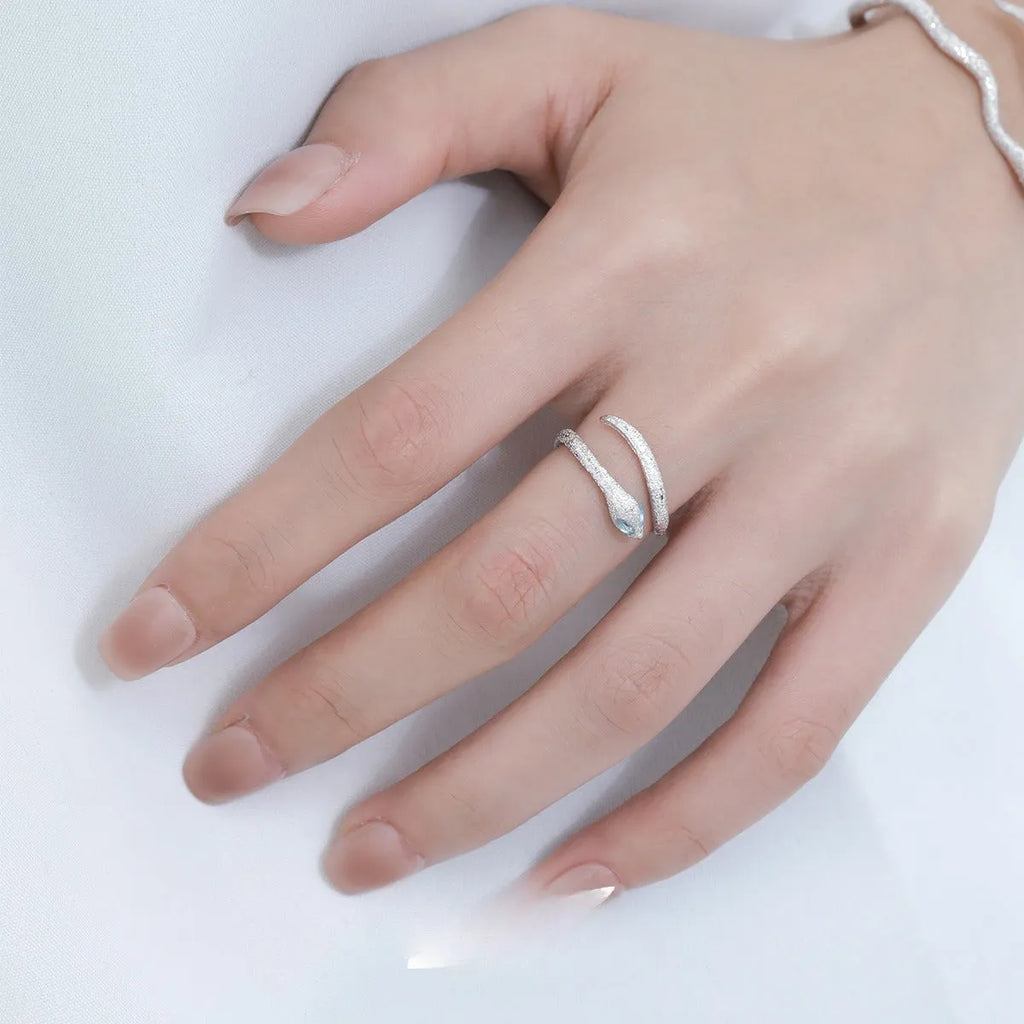 Adjustable silver ring with platinum colour finish and snake zodiac design for women