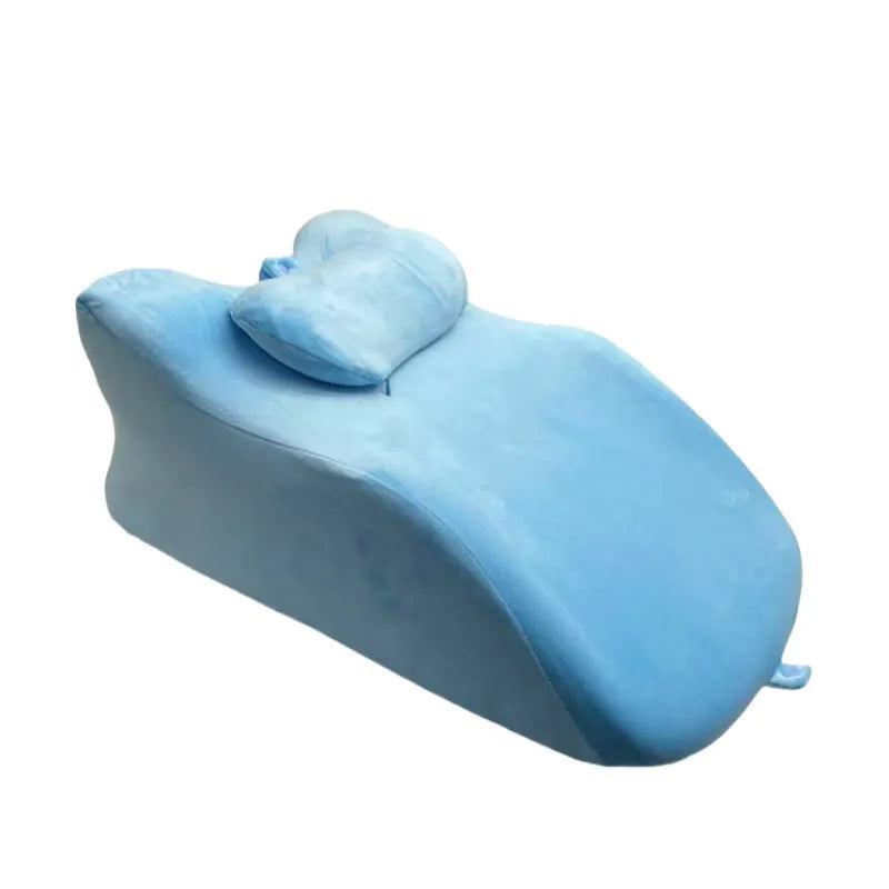 Soft prone position pillow with face cutout for reading, available in blue, gray, and green for stomach sleepers