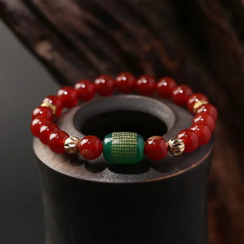 Red Agate Guanyin Bracelet with edge rosary design and auspicious patterns in New Chinese style