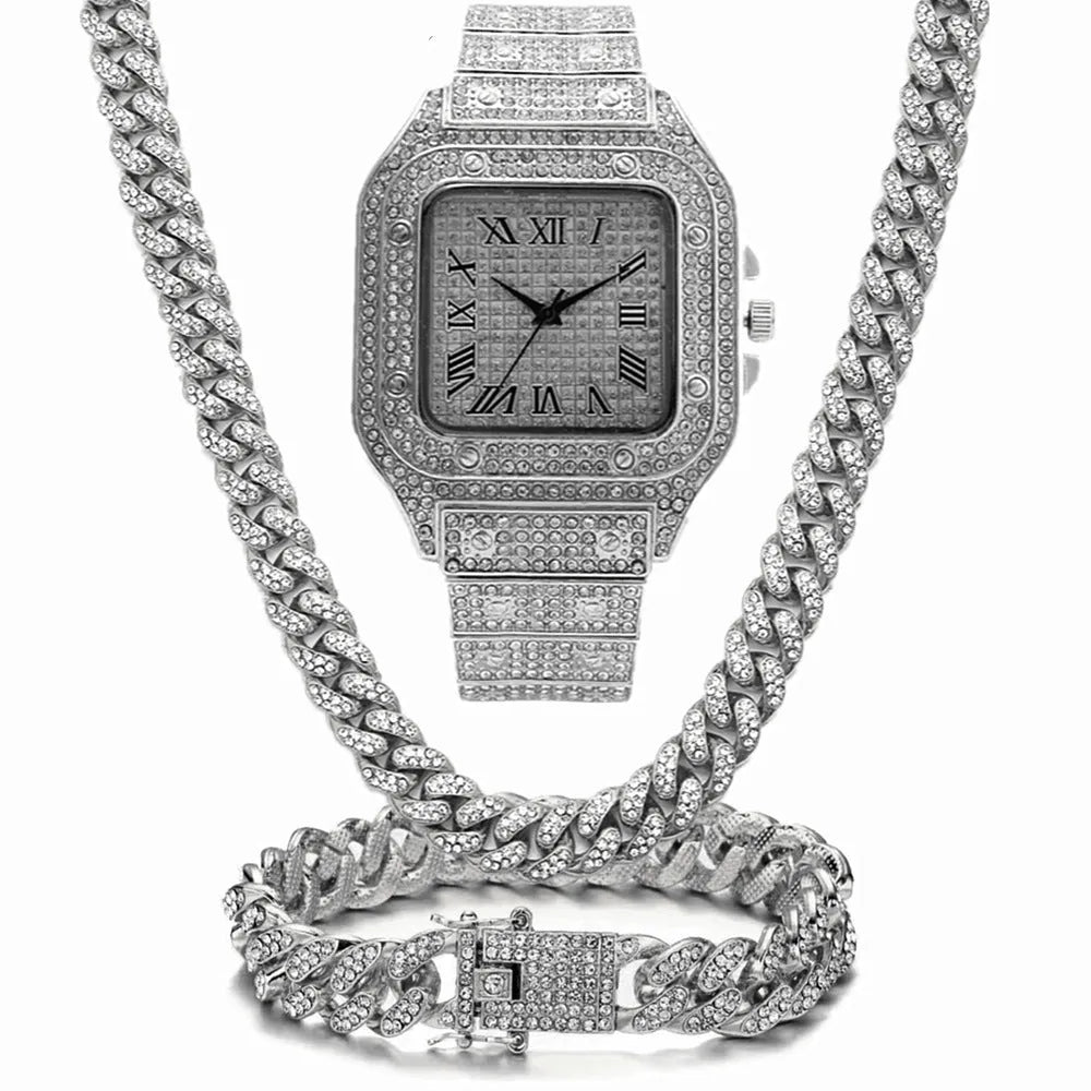 Gold Roman numeral square dial diamond watch with black mesh band, bracelet, and necklace set.