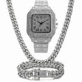 Gold Roman numeral square dial diamond watch with black mesh band, bracelet, and necklace set.