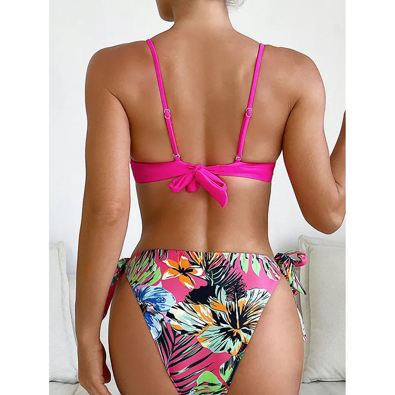 Rose red women's bikini swimsuit with braided rope design details