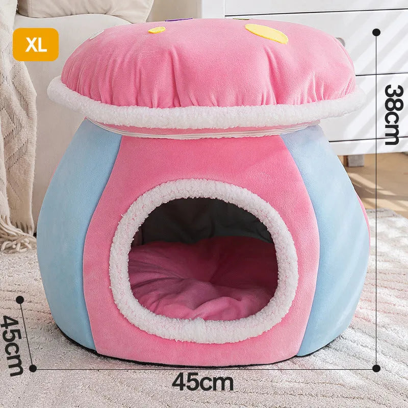 Mushroom-shaped plush cat bed in grey, pink, or purple colours with thermal construction