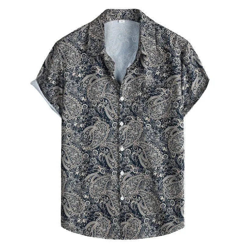 Man wearing a slim fit, short sleeve Hawaiian shirt with a vibrant digital print pattern