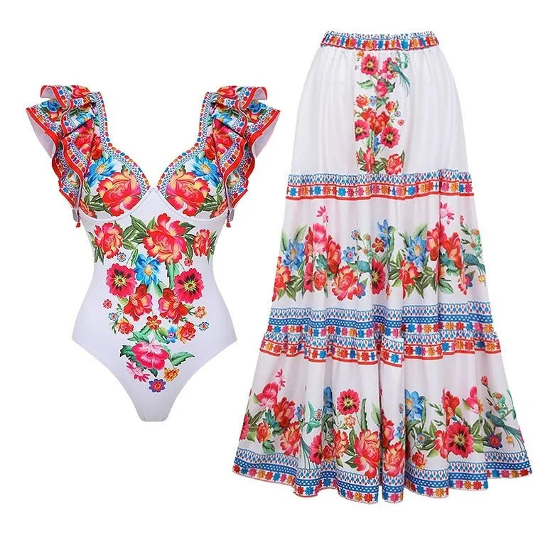 Women's printed one-piece polyester swimsuit in multiple colour options including rose pink, white, and blue variants