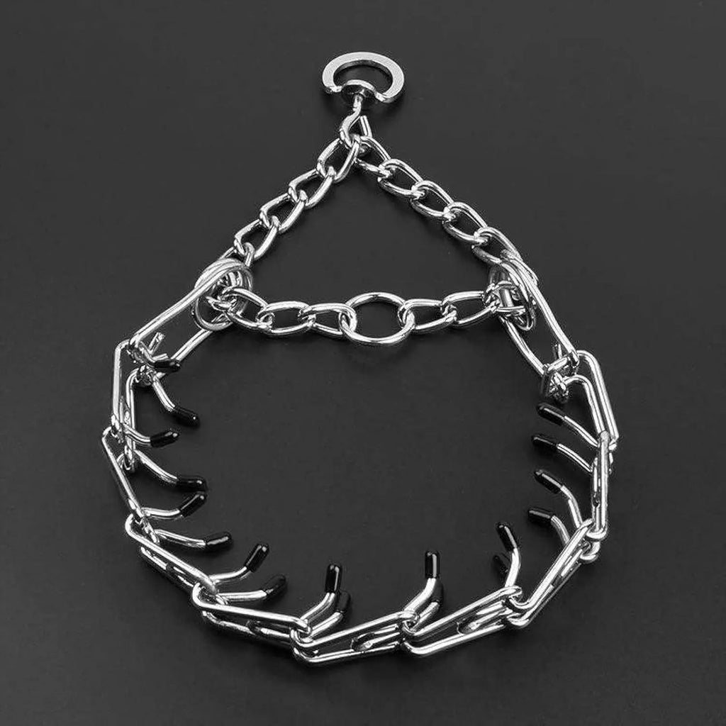 Stainless steel dog training prong collar with comfort rubber tips and adjustable links