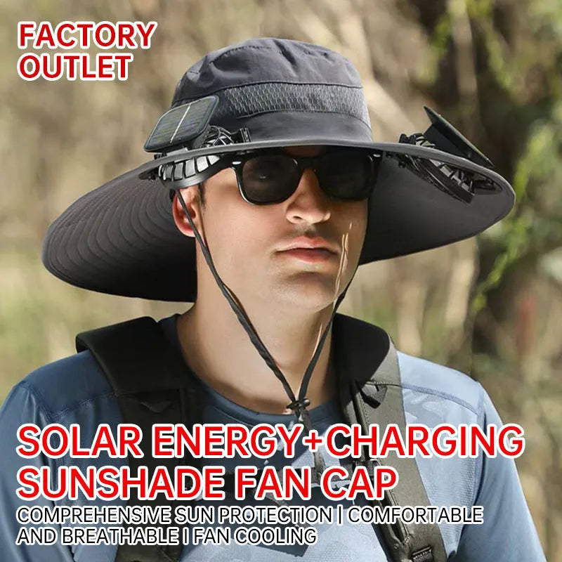 A man wearing a customisable solar-powered fan hat with a cooling fan visible on the brim, shown in a khaki colour.