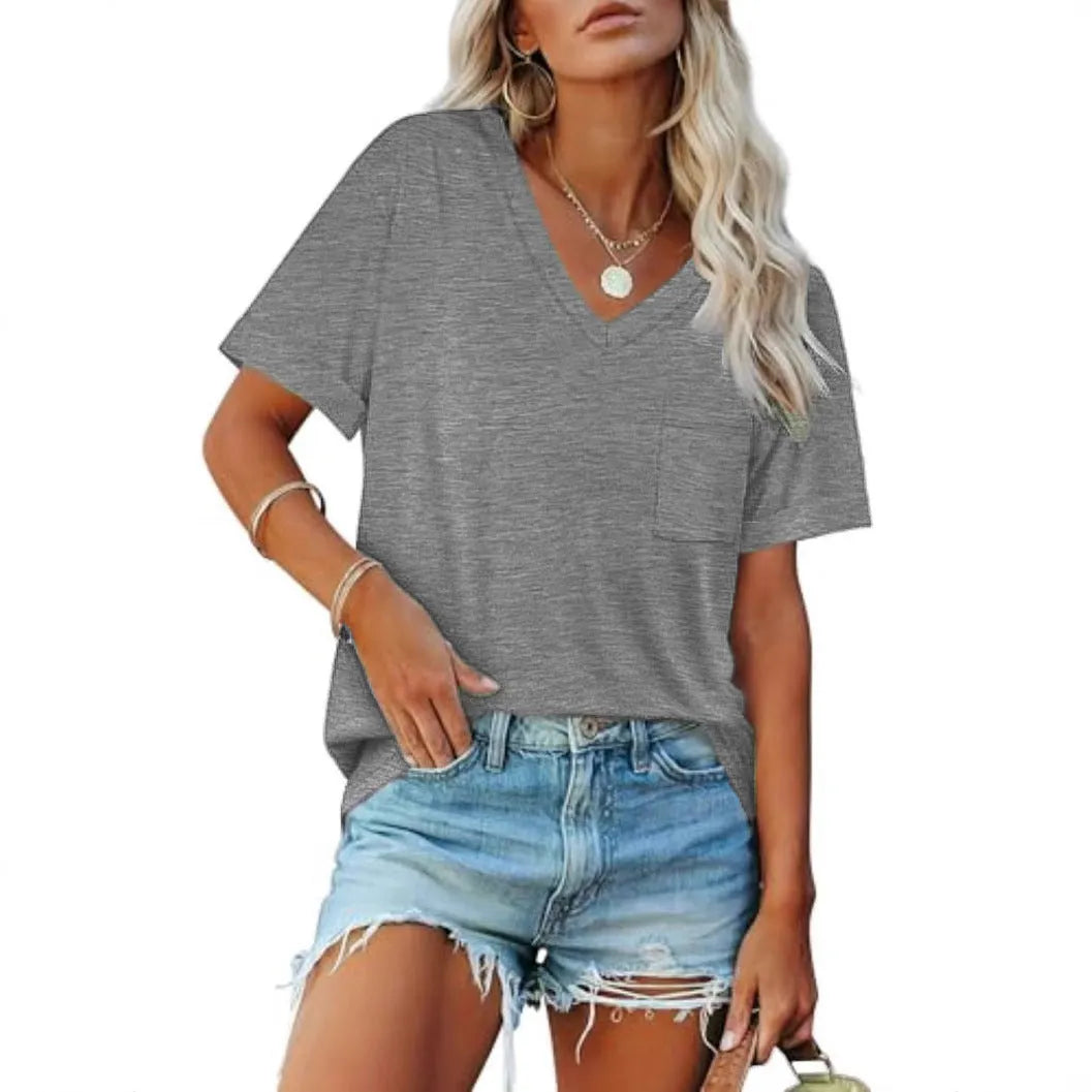 Gray loose fit V-neck t-shirt with front pocket and short sleeves
