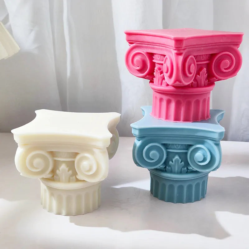 Flexible silicone Roman pillar candle and crafting mould with irregular column shape.