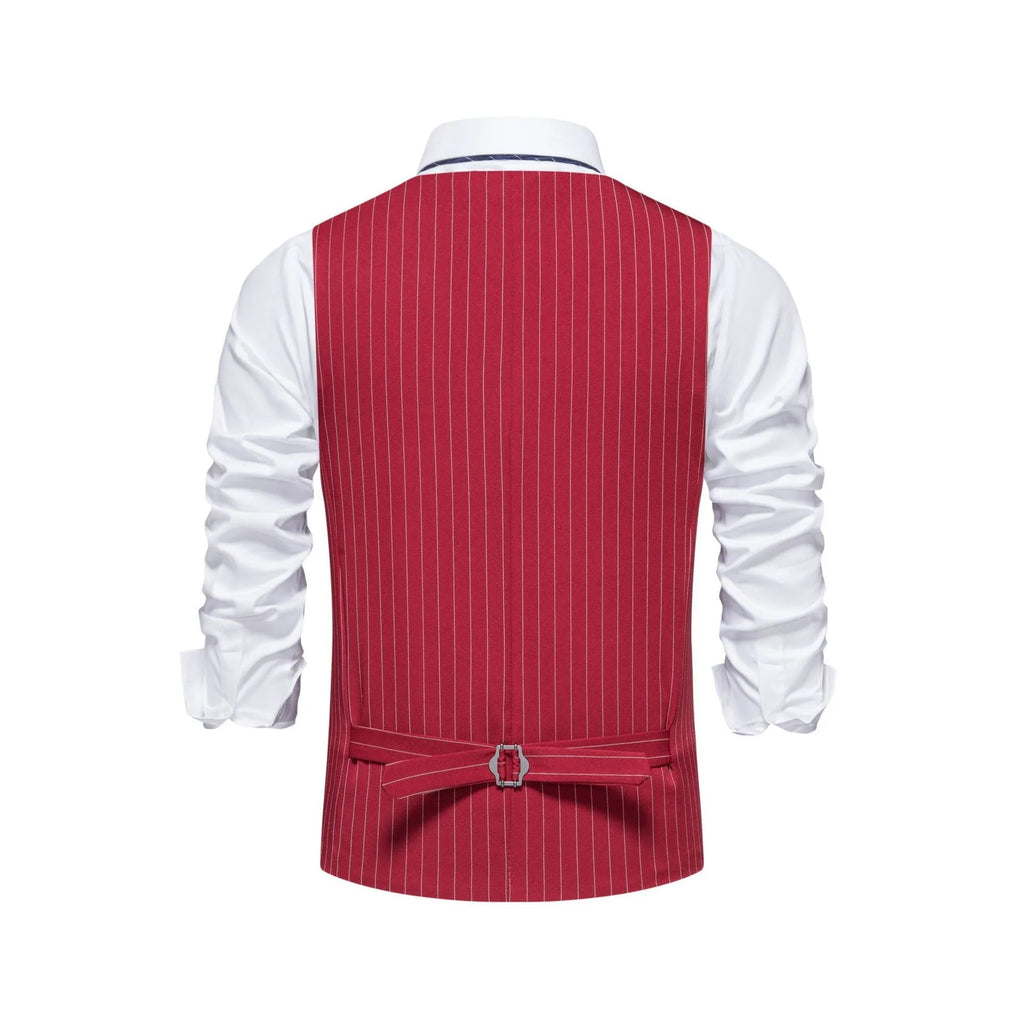 Man modelling a striped suit vest with a mitre bottom hem, shown in a choice of red, black, or khaki colours.