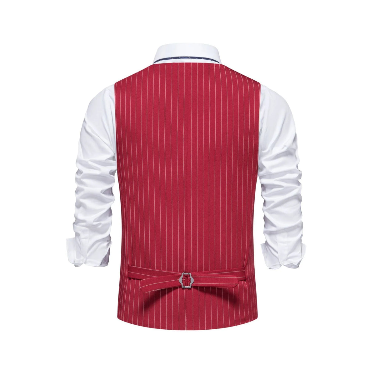 Man modelling a striped suit vest with a mitre bottom hem, shown in a choice of red, black, or khaki colours.