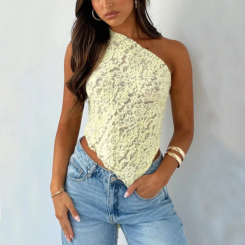 Women's lace backless vest top with asymmetrical neckline in solid colour options