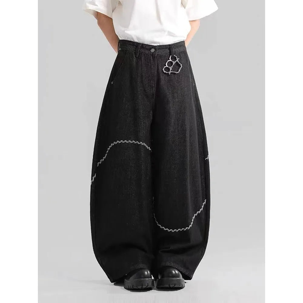 Black straight-leg men's trousers with mid-waist design and zip fly placket in micro-elastic polyester denim fabric