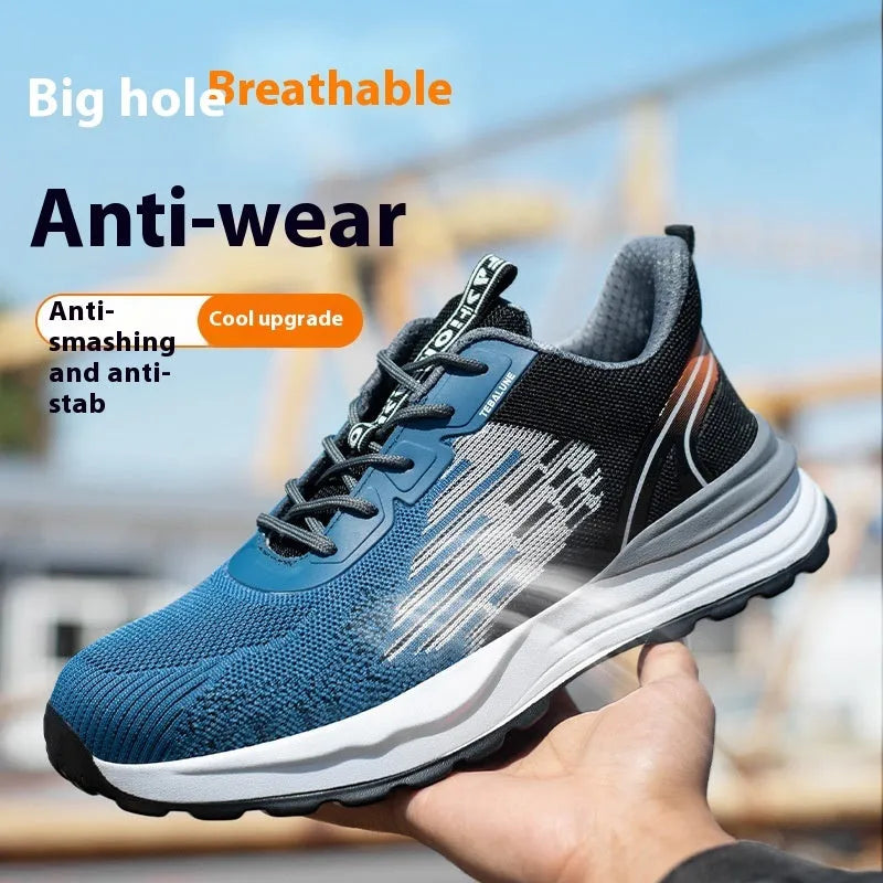 Blue men's low-cut safety work shoes with mesh upper, plastic toe cap, and lace closure.