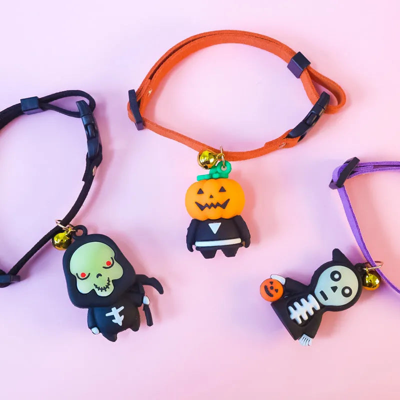 Halloween pet collar with luminous pumpkin man design on adjustable polyester band