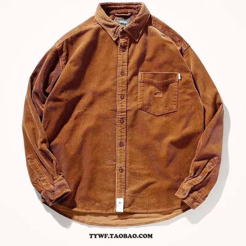 Loose fit long sleeve corduroy shirt in caramel colour with cardigan style