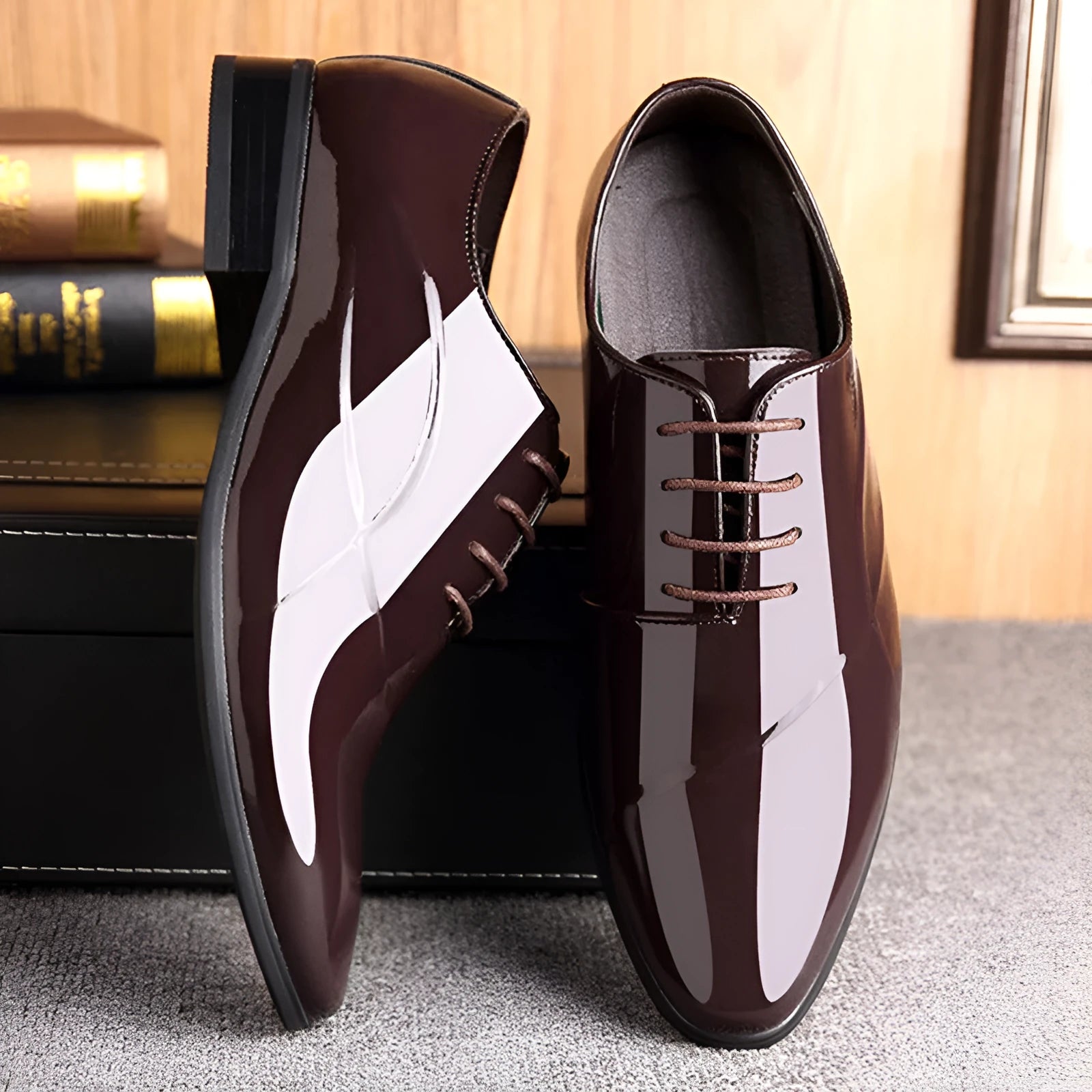 Men's black and brown formal business shoes with pointed toe design and artificial PU uppers