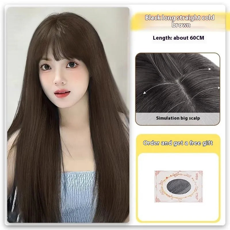 Forehead lace long straight full-head wig with side bangs in high temperature fibre material