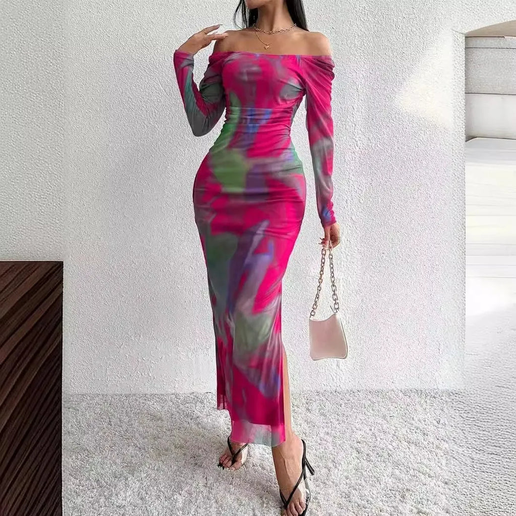 Women's printed mesh fishtail dress with gradient colour and square collar in multiple colour options