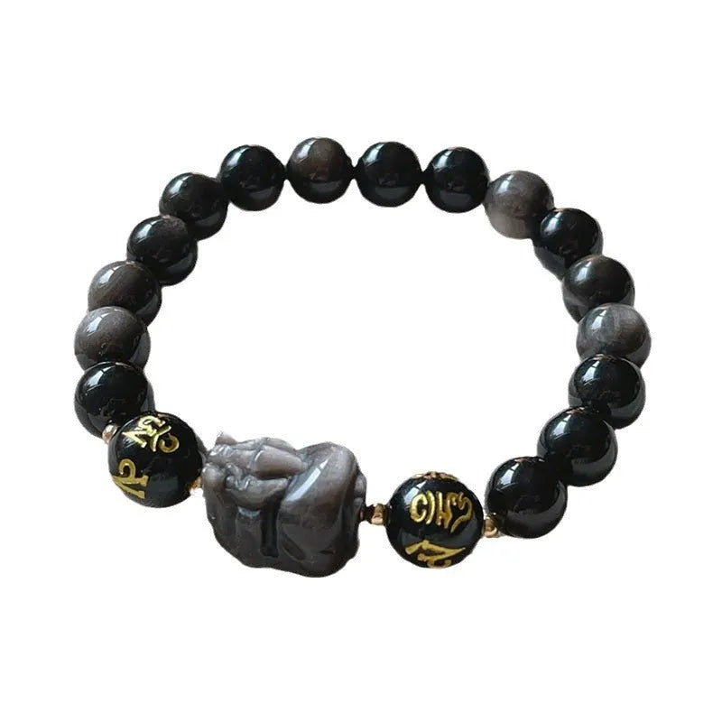 Men's handcrafted silver stone bracelet with Chinese proverbs and zodiac beads