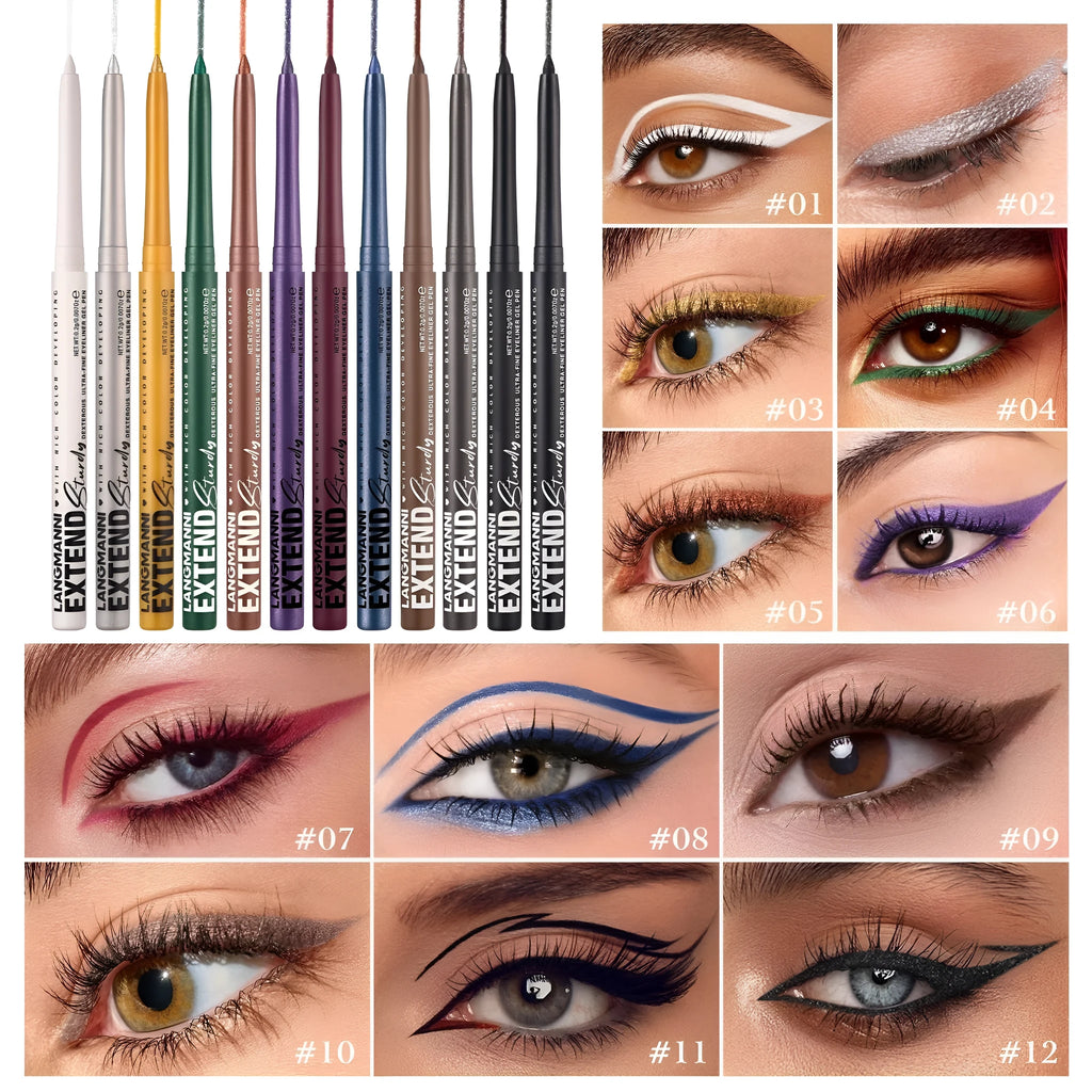 Set of 12 colourful gel glitter eyeliner pencils displayed in vibrant shades A through L.