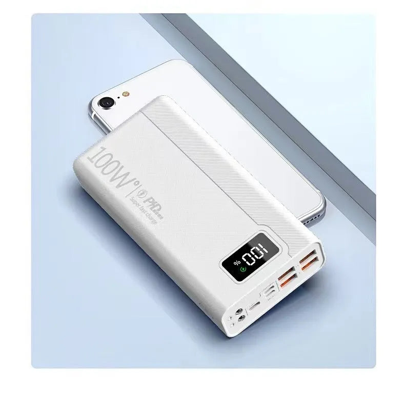 Large capacity power bank in black plastic shell showing compact rectangular design with charging ports