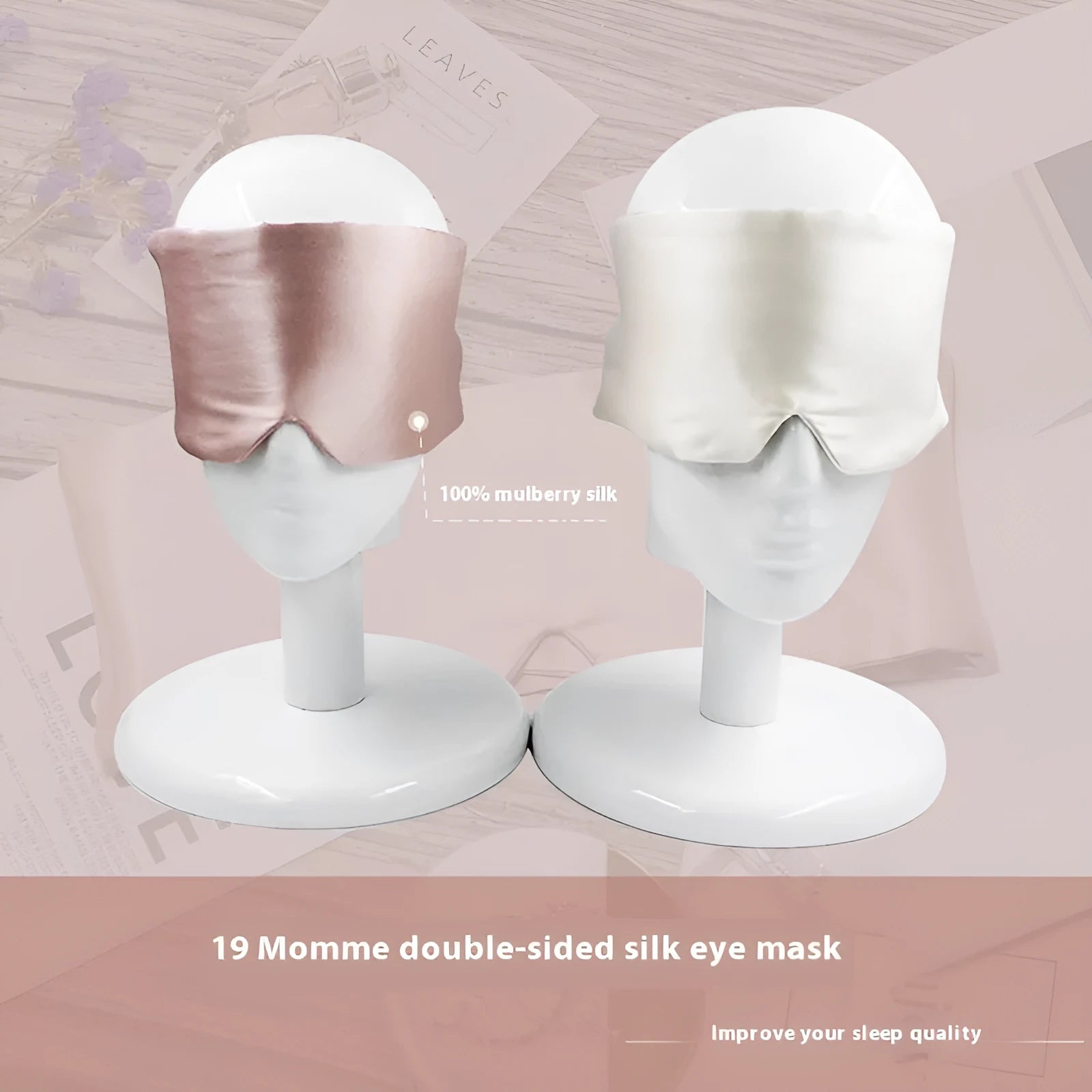 Mulberry silk sleep eye mask shown in champagne gold colour with adjustable elastic strap
