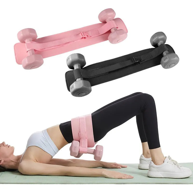 Black fitness training belt with auxiliary straps for weighted hip bridge exercises