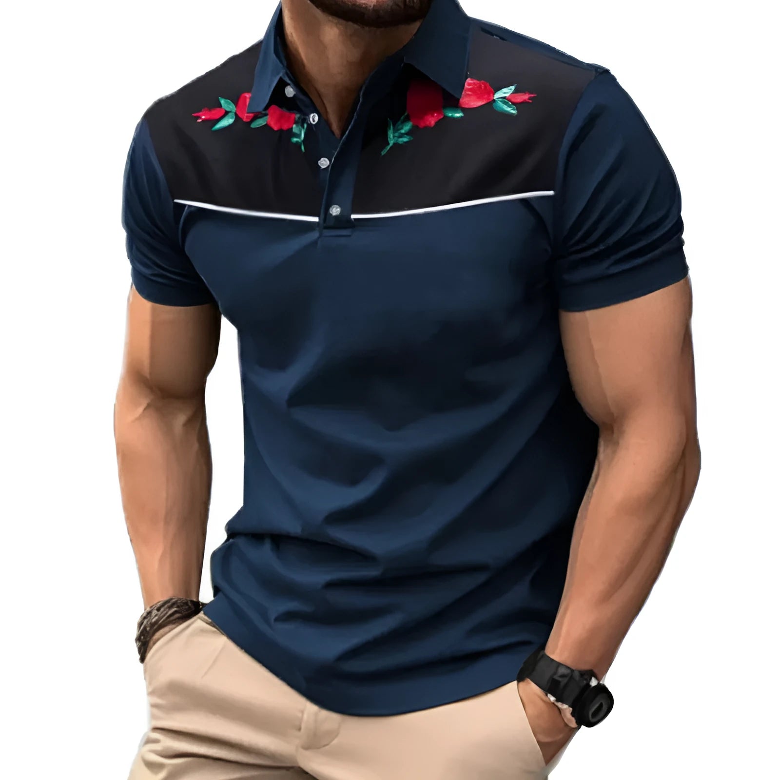 Man wearing a short sleeve mesh polo shirt with zipper decorations on a blue background.