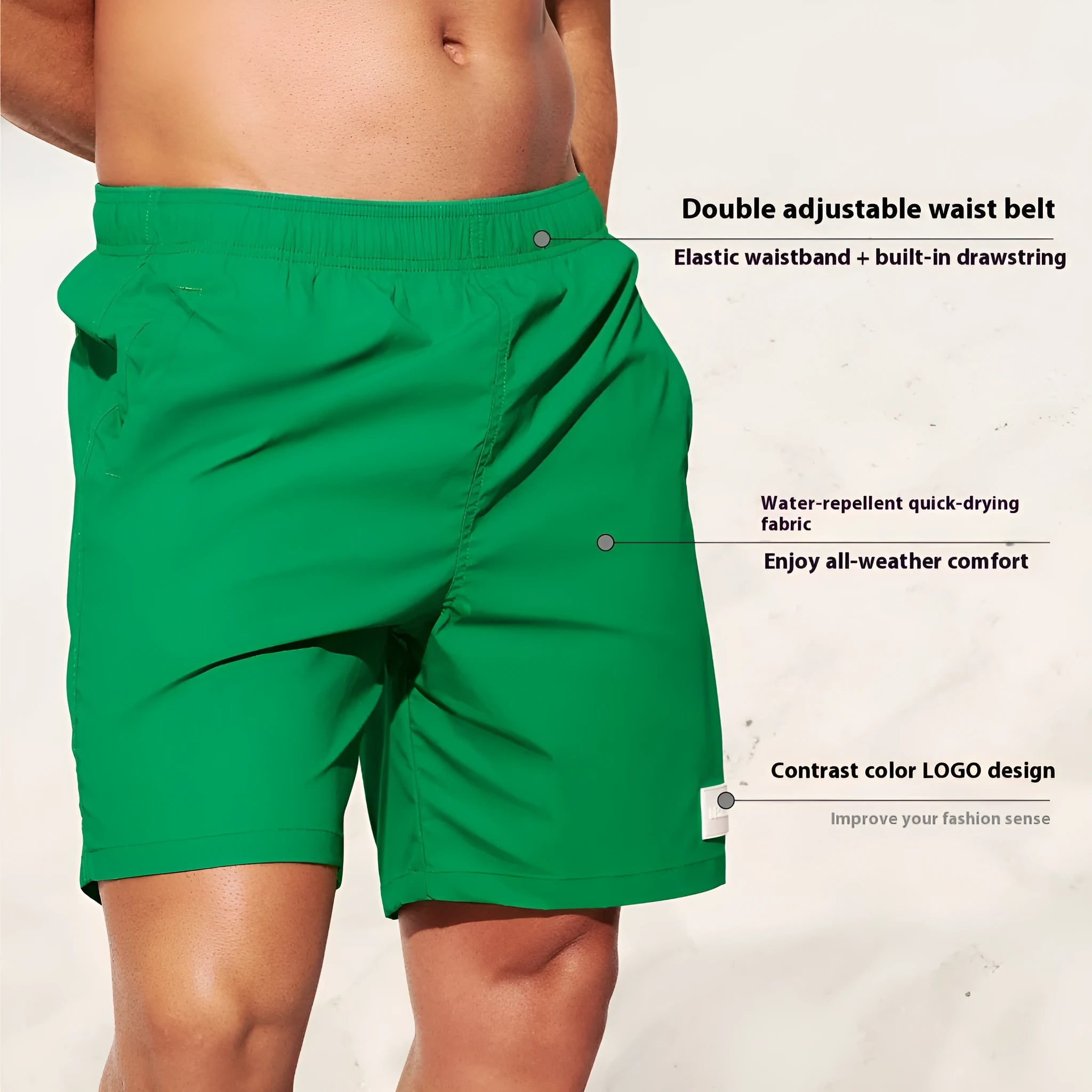 Men's quick-drying nylon beach shorts in solid colours with straight leg opening