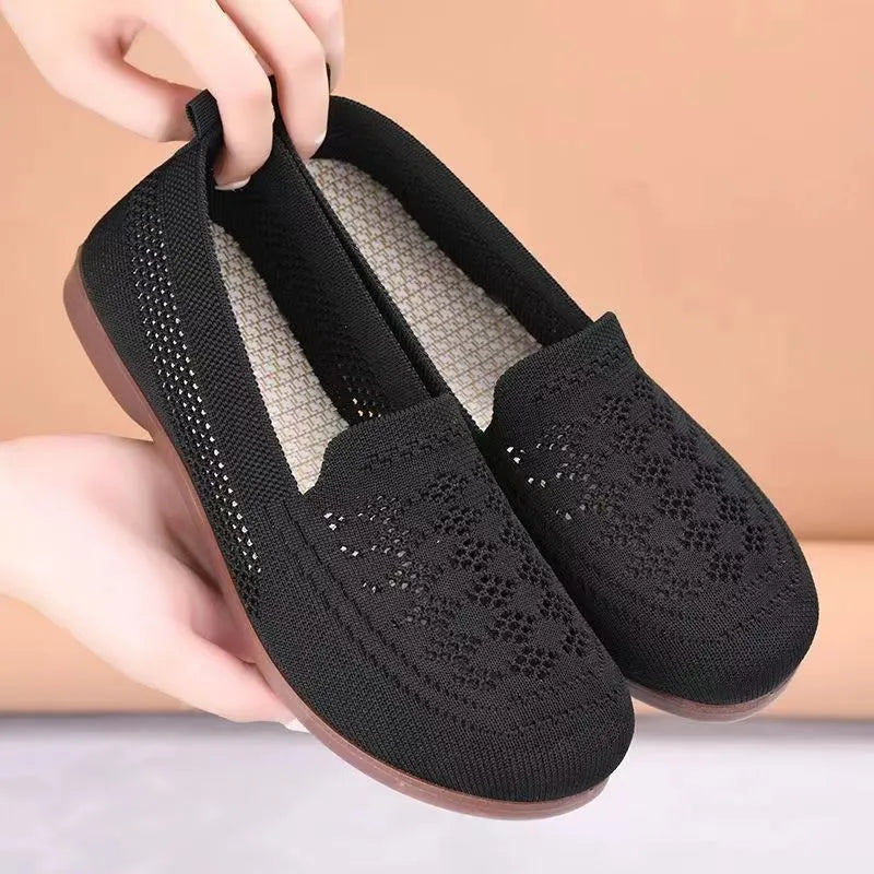 Beige elderly antiskid mesh sneakers for women with Flyknit lining and PVC sole