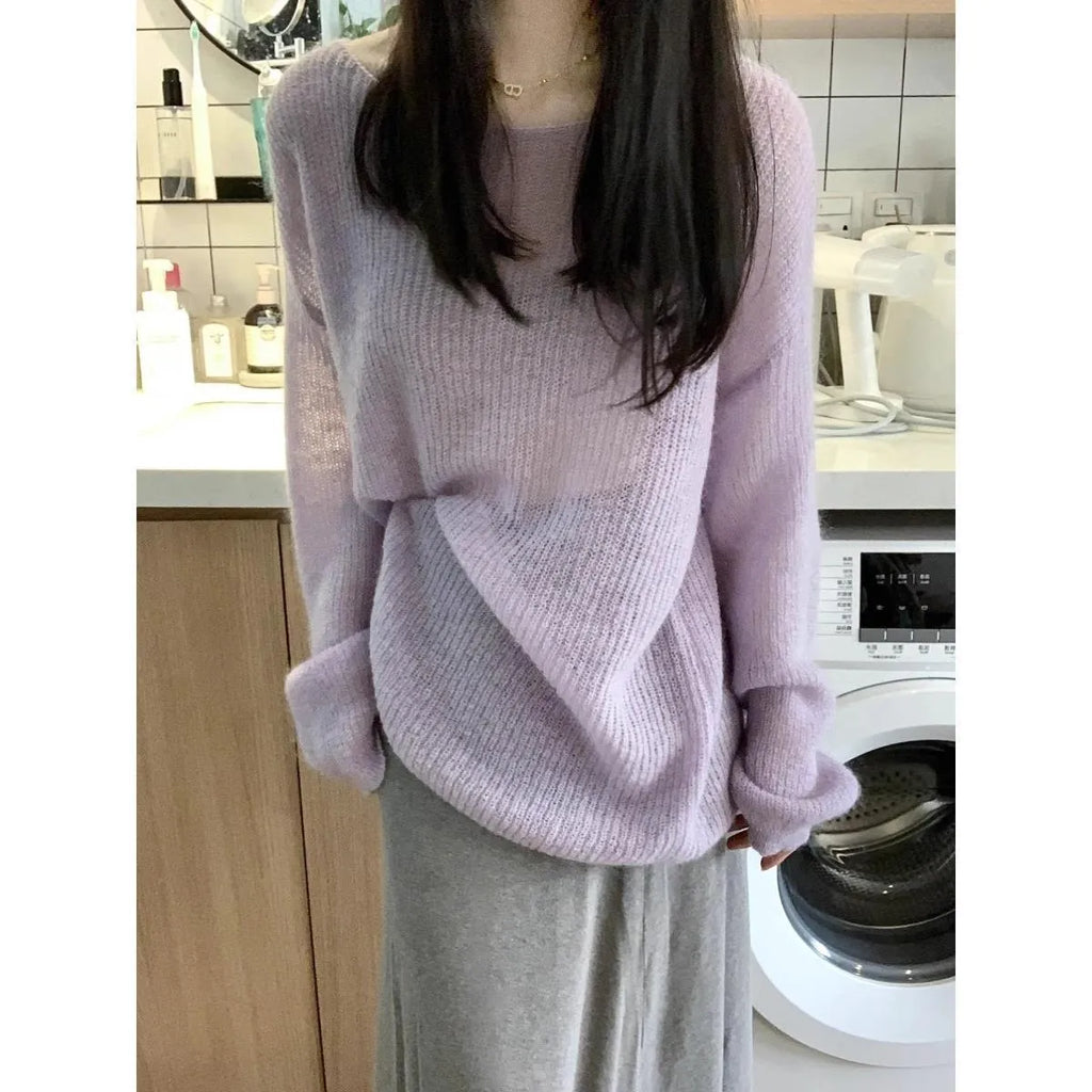 Purple women's blouse with round neck, princess sleeves, and shoulder strap hollow out design