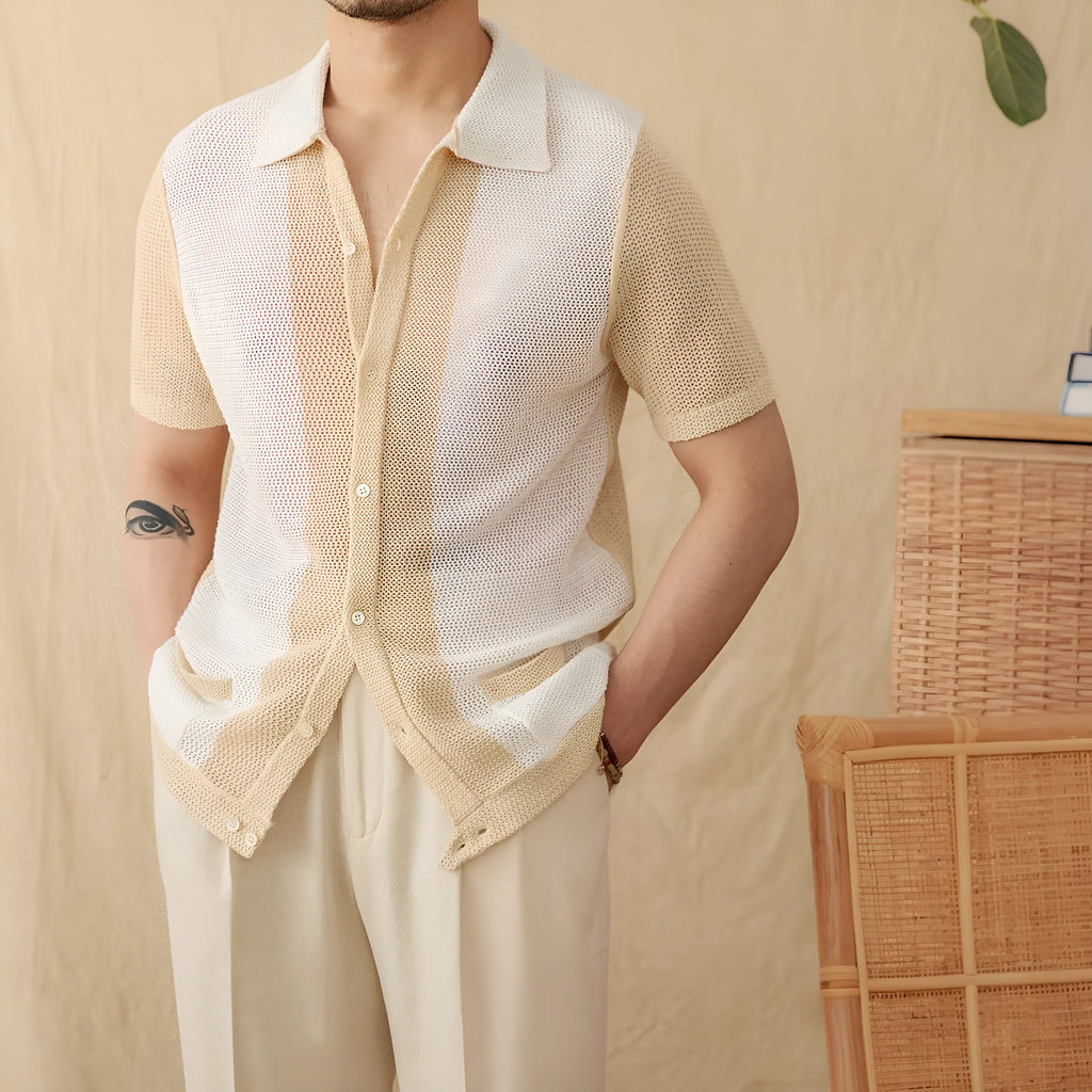 Beige short-sleeved cardigan with lapel collar made from linen and cotton blend fabric