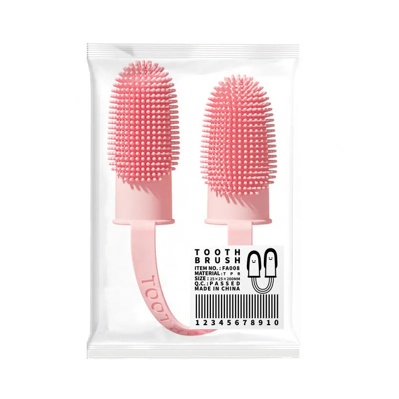 Double finger pet toothbrush set in TPR material for dog and cat teeth cleaning.