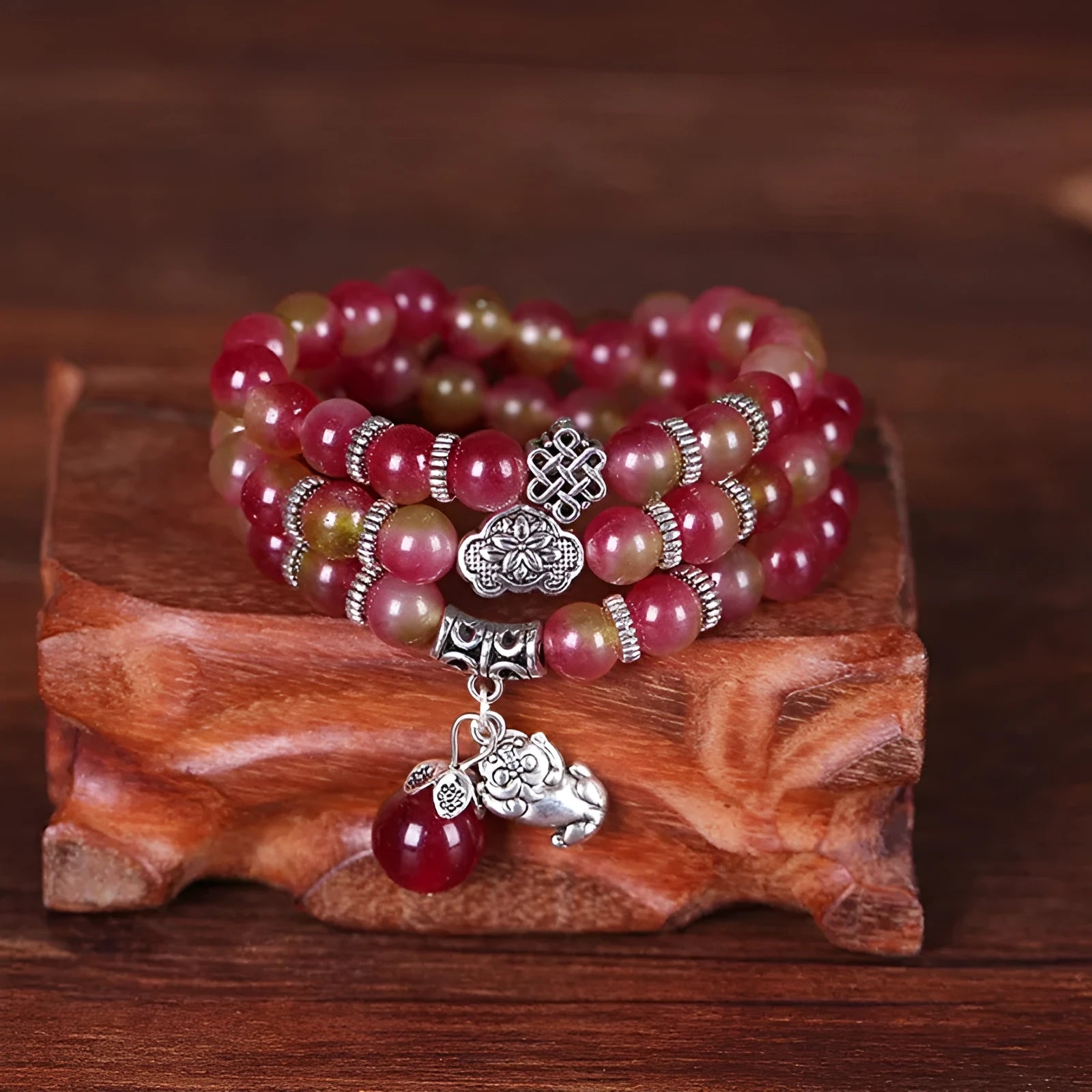 Natural watermelon crystal bracelet with Chinese knot and geometric elephant-style beads