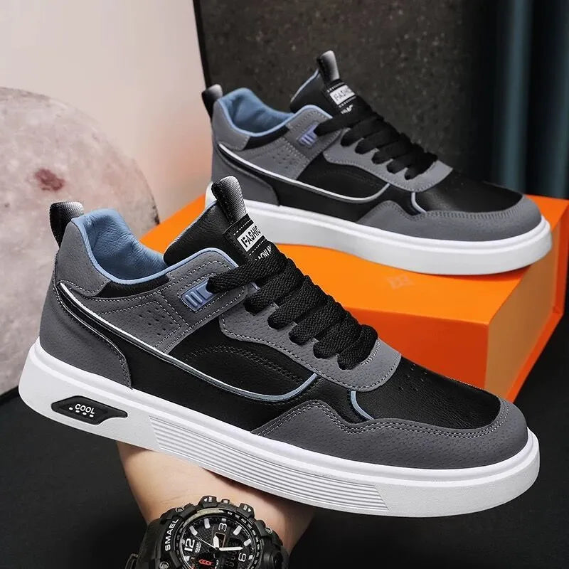 Men's solid colour canvas board shoes with mesh lining and leather stitching details
